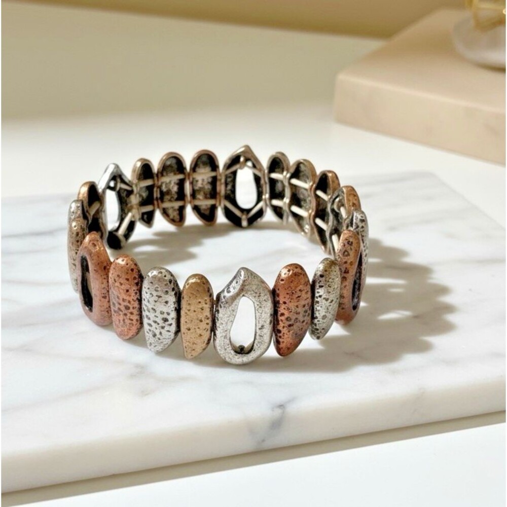 Mixed Metal Tone Textured Stretch Bracelet – Copper Silver Gold Look